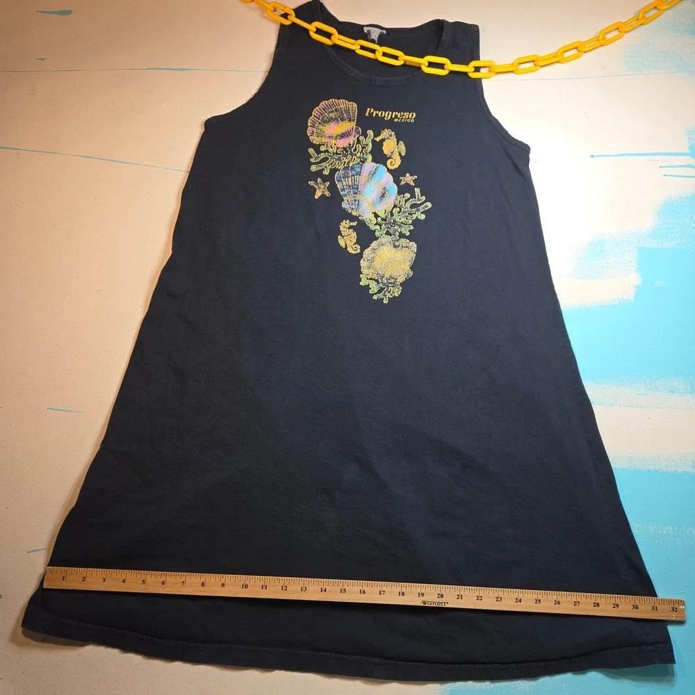 VTG Progresso Mexico Seashell Tank Dress Black Sleeveless Graphic Women M‎ 90s